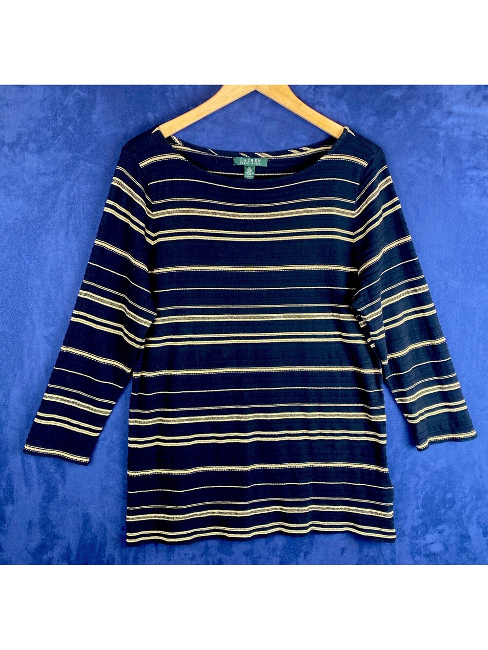 Lauren Ralph Lauren Womens XL Black Gold Striped 3/4 Sleeves Boat Neck Blouse